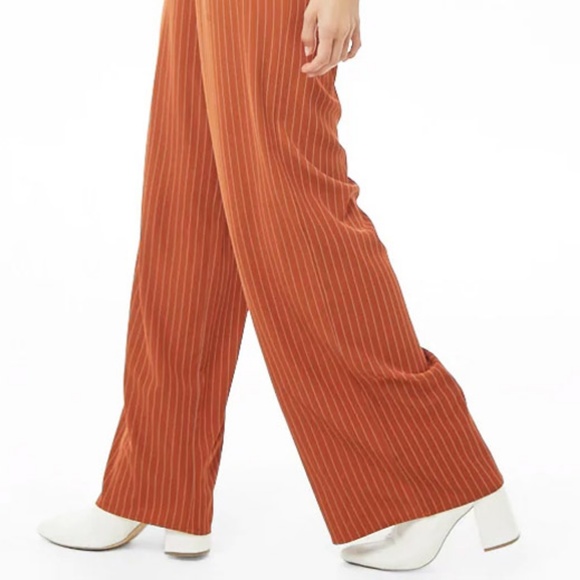 Rust Pinstriped Suspender Wide Leg Paperbag Pants - Picture 6 of 7